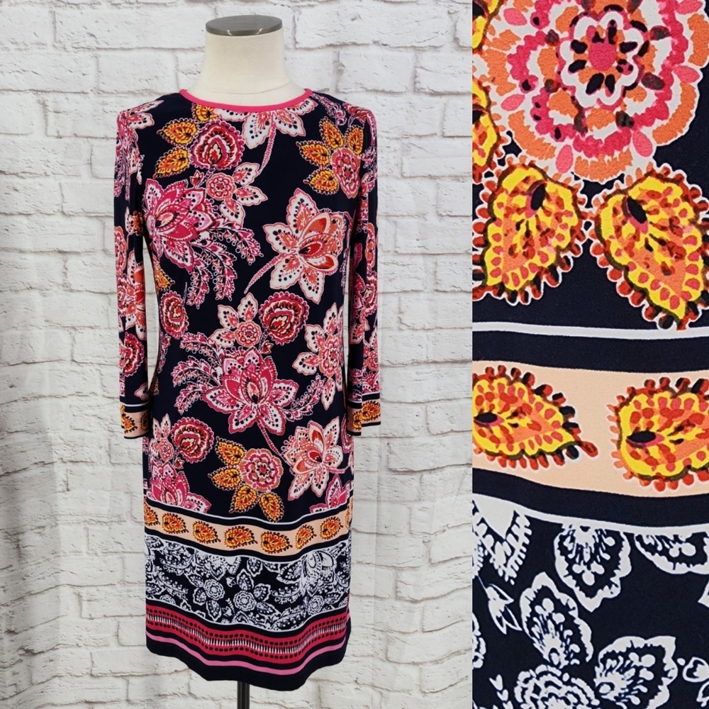 Eliza J Work Dress Colorful Career Office Floral Liquid Knit Long Sleeve Size 6